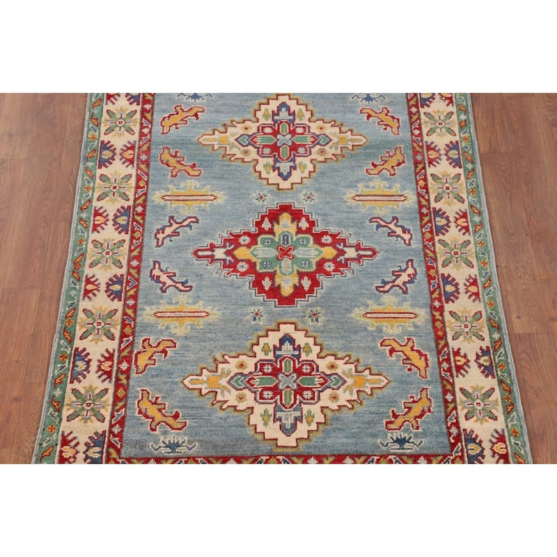Light Blue Geometric Kazak Accent Rug Handmade Wool Carpet - 3'4" x 4'9"
