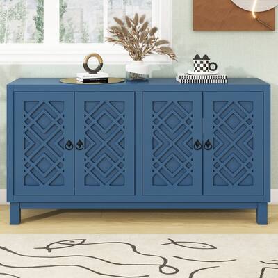 Large Storage Space Sideboard, 4 Door Buffet Cabinet with Pull Ring Handles for Living Room, Dining Room (Navy)