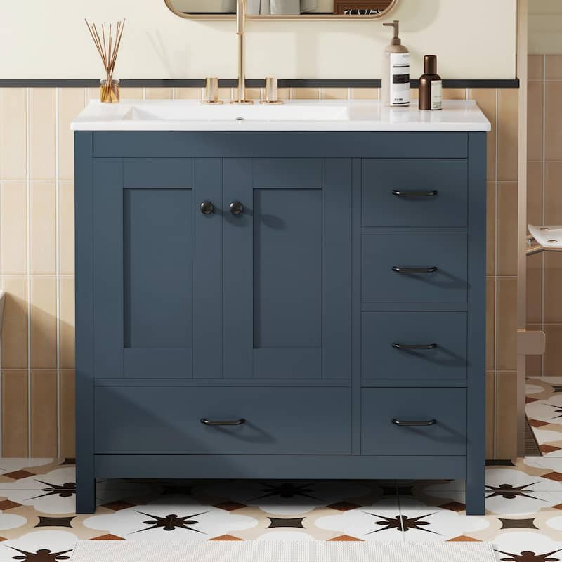 36" White Bathroom Vanity with Ceramic Sink Combo, Ample Storage Cabinet - 2 Soft-Close Doors and 5 Drawers - Blue