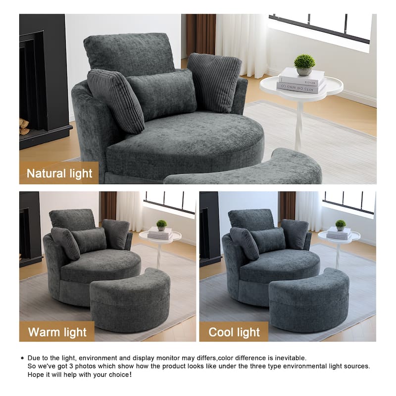 Upholstered Swivel Accent Chair with Wooden Tray Storage Ottoman