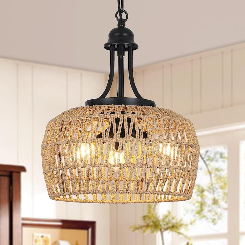 3-Light Boho Rattan Chandelier Light Fixture Ceiling Hanging with Woven Lampshade, Small Wicker Coastal Pendant Light - Brown+Black