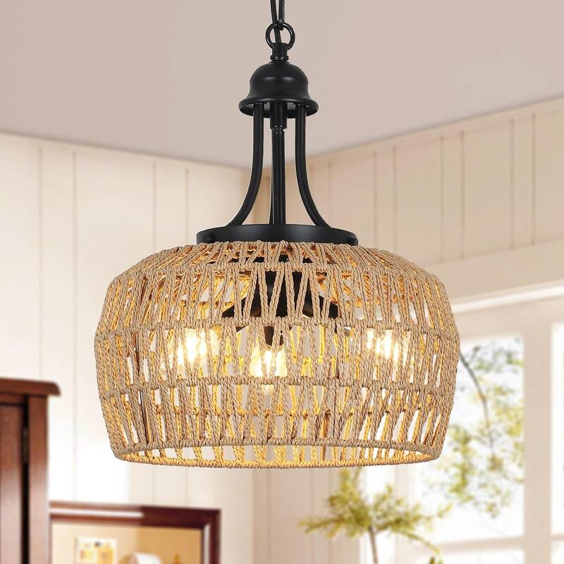 Farmhouse Chandelier for Dining Room, 3-Light Rattan Chandelier Light Fixture Ceiling Hanging with Woven Lampshade - Brown+Black