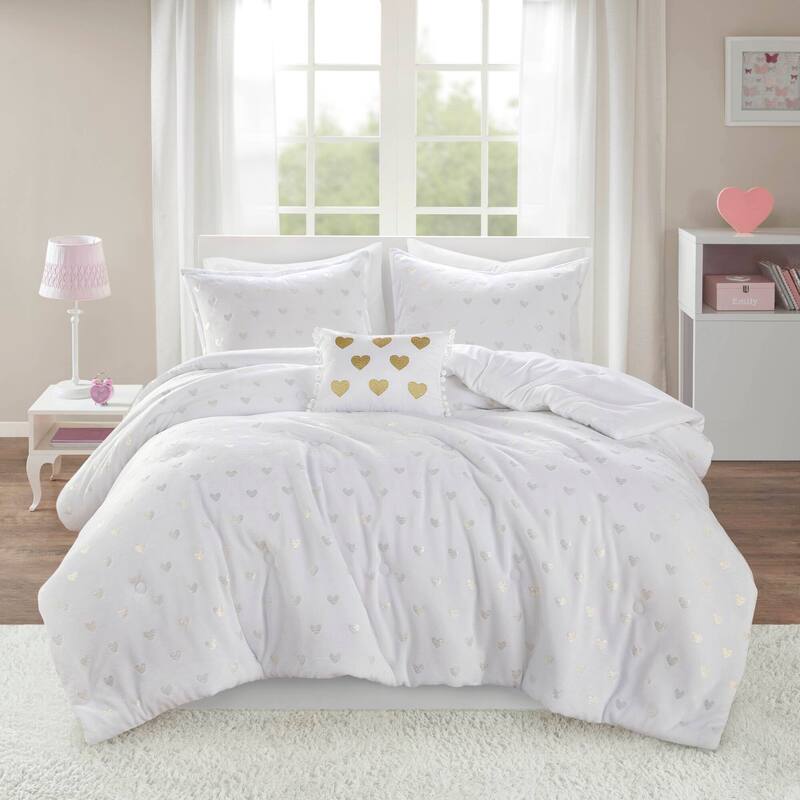 4 PCS Full/Queen Metallic Printed Plush Comforter Set with Throw Pillow White/Gold - White