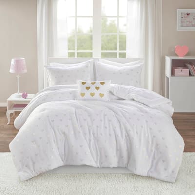 4 PCS Full/Queen Metallic Printed Plush Comforter Set with Throw Pillow White/Gold