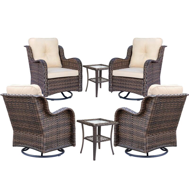 6 piece Outdoor Wicker Patio Furniture Set with Swivel Chairs and Cushions