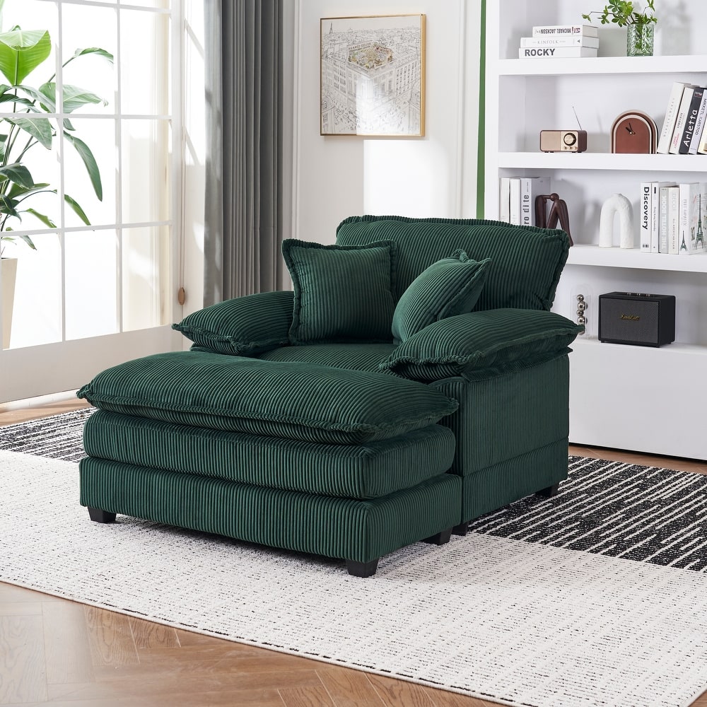 Green Corduroy Single Deep Seat Sofa with Ottoman
