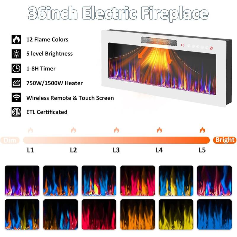 Bossin 80" Fireplace TV Stand with 36" Electric Fireplace, TV Stand for TVs Up to 90", 16 Colors LED Lights/Entertainment Center