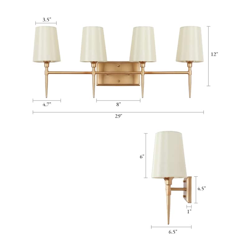 Barr Mid-Century Modern Gold 4-Light Bathroom Vanity Lights Fabric Wall Sconces - W 29" x D 6.5" x H 12"