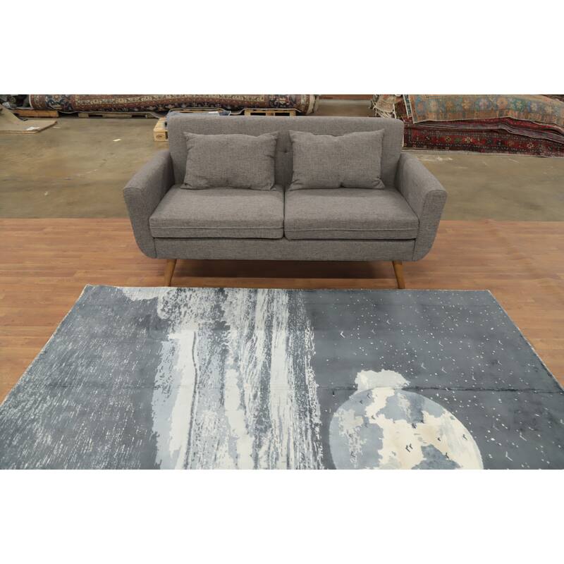 Hand Knotted Oriental Viscose Silk Carpet Modern Pictorial Greys & Charcoal Abstract Area Rug - 7' 8'' X 5' 6''