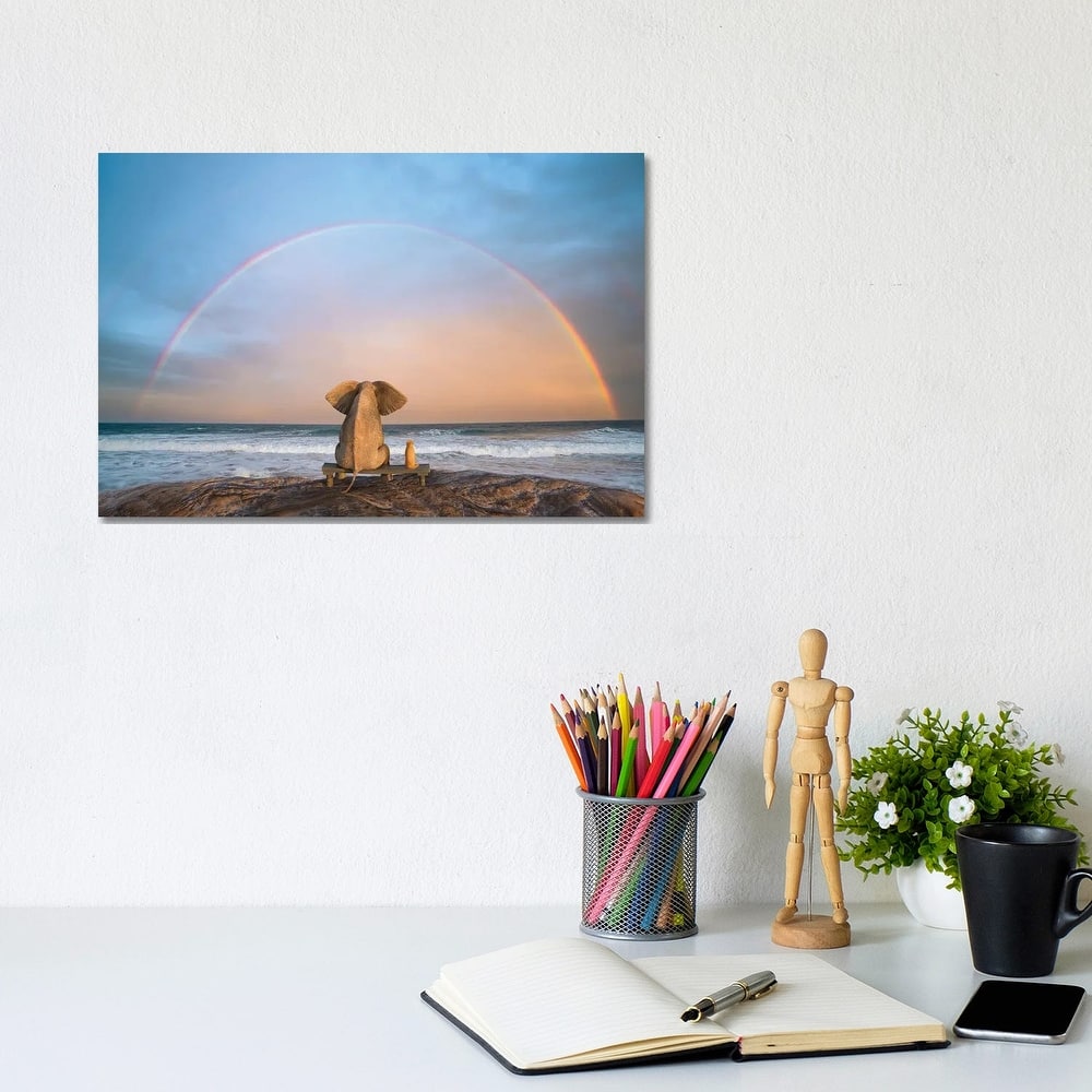 iCanvas "Elephant And Dog Sit On The Beach And Look At The Rainbow" by Mike Kiev Canvas Print