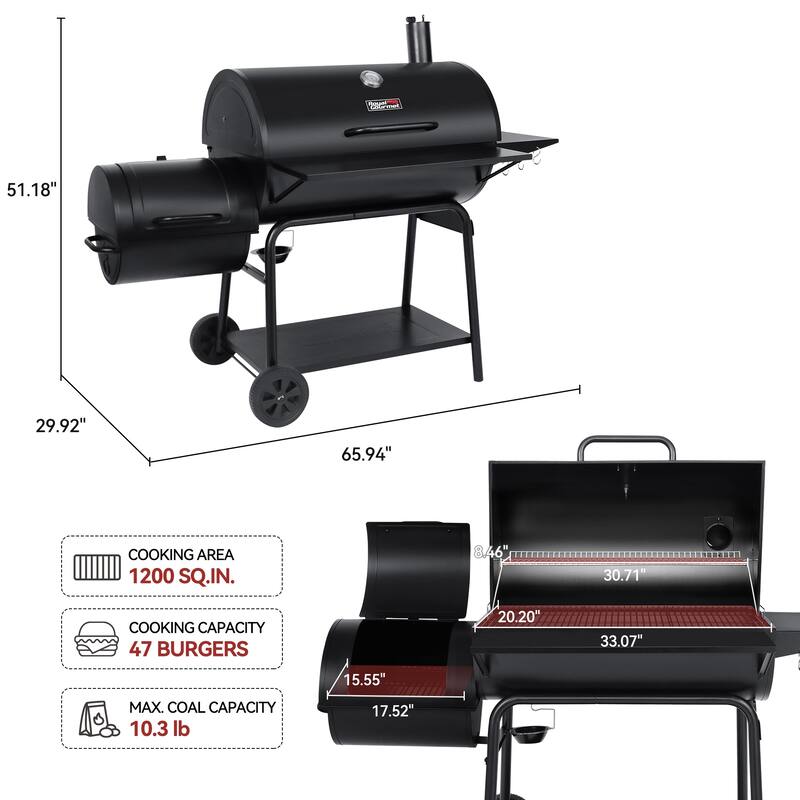Royal Gourmet Charcoal Barrel Grill with Offset Smoker, Black