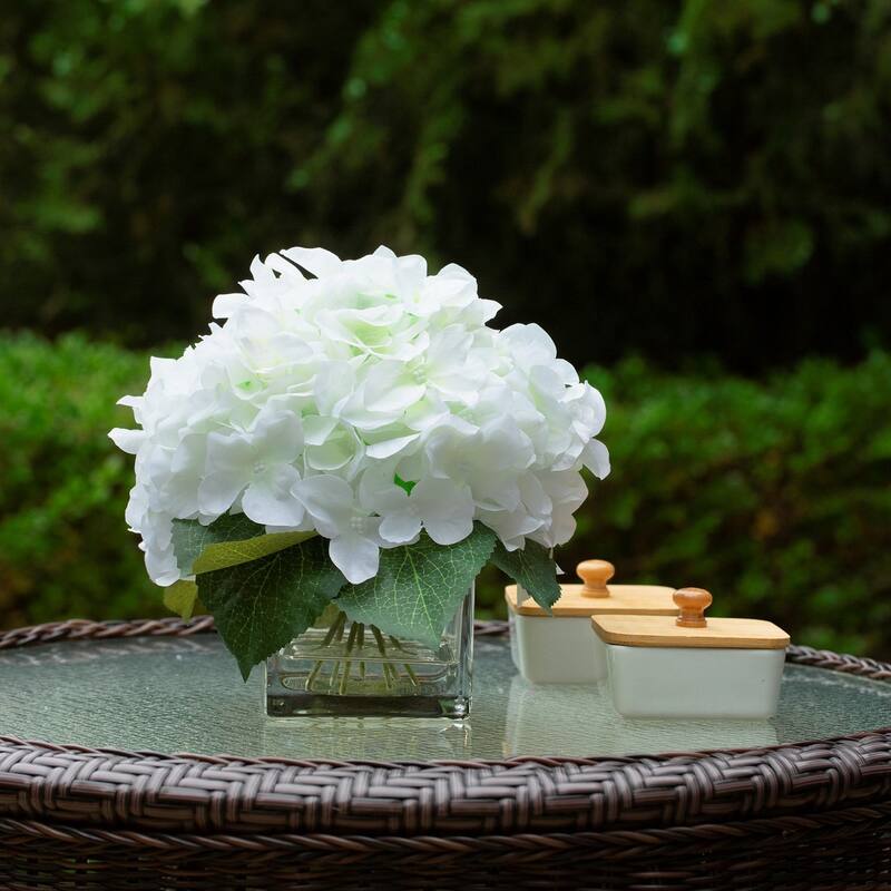 Silk Pink Hydrangea Artificial Flowers in Vase with Faux Water, Silk Flower Arrangements in Vase for Home Decor, Wedding Table