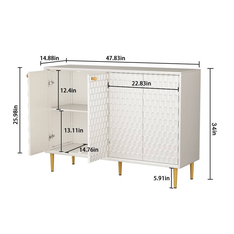 Hexagon Honeycomb Storage Cabinet, 4 Door Modern Buffet with Gold Legs
