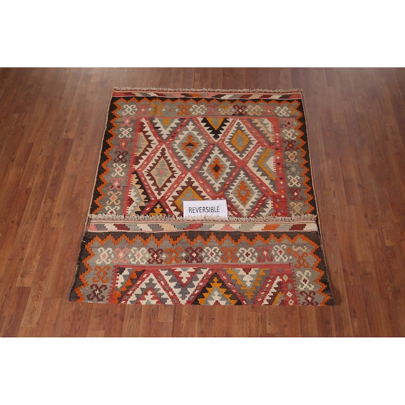 Flatweave Red & Pink Geometric Kilim Persian Vintage Area Rug - 4'4"x 6'9"
