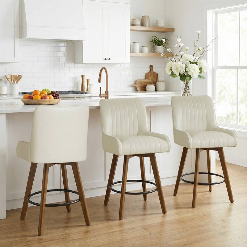26" Faux Leather Upholstered Wood Swivel Counter Stool Set of 3 or 4 - 38.8"H x 20.5"W x 21.7"D - Set of 3 - Beige