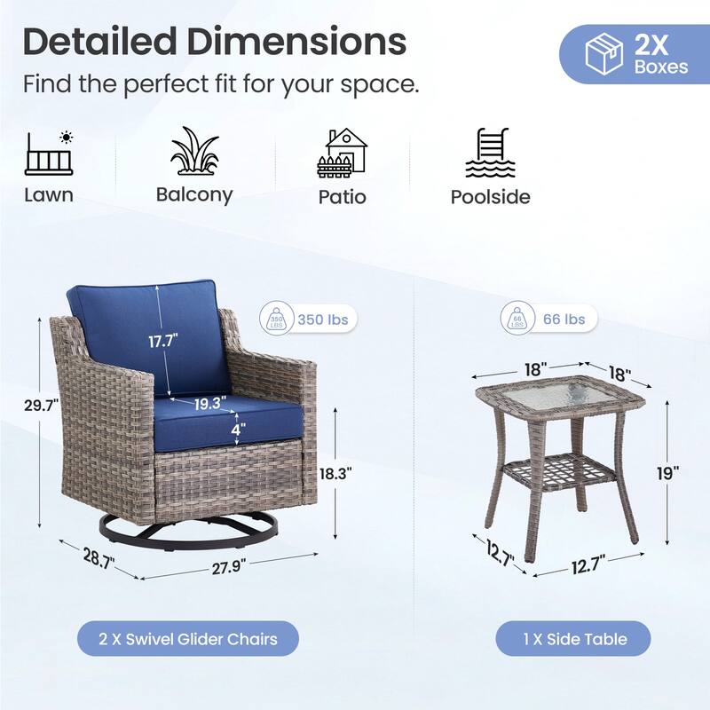 Pocassy Wicker Patio Glider Swivel Chair Ottoman Furniture Set.