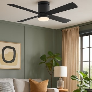 Fanimation Kwartet 52 inch Indoor/Outdoor Flush Mount Ceiling Fan with LED CCT Select Light Kit and Remote - Black