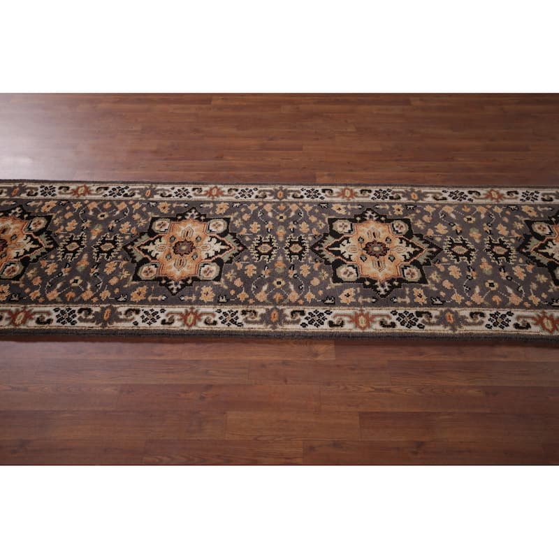 Gray Geometric Kazak Indian Runner Rug Handmade Wool Carpet - 2'7"x 10'3"