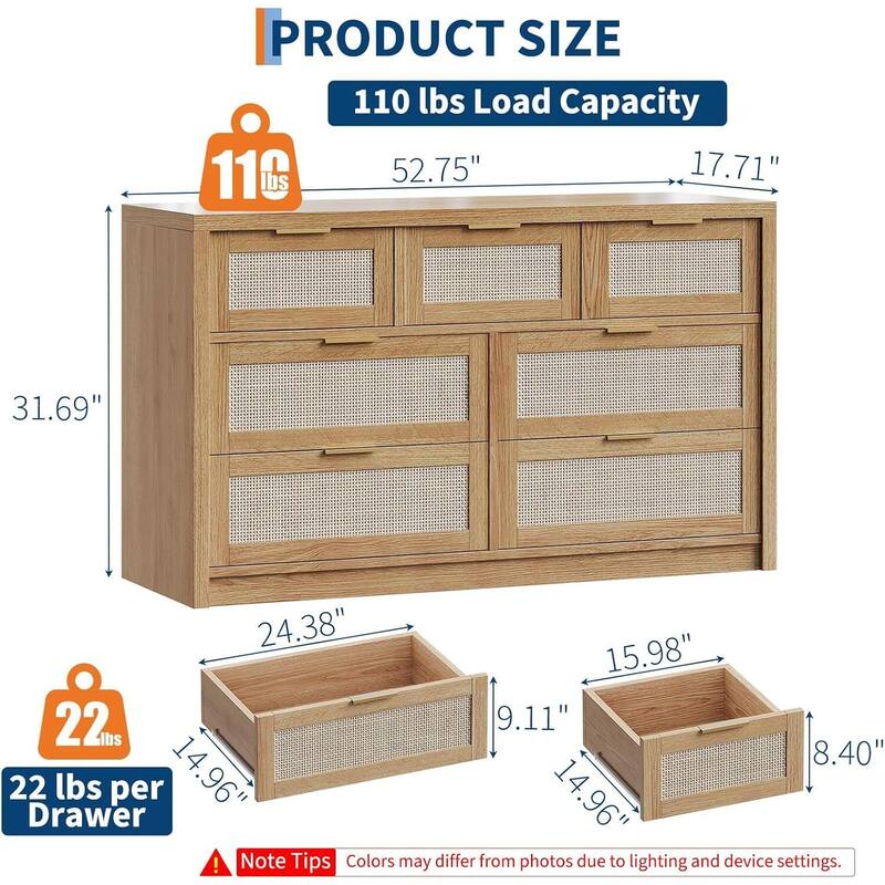 52" Rattan 7-Drawer Boho Dresser TV Stand for Bedroom, Living Room