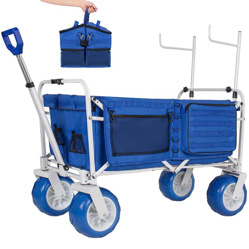 Beach Wagon Cart with Chair Racks and 9" All-Terrain Wheels, 500lbs Heavy Duty Collapsible Folding Wagon, Storage Bags