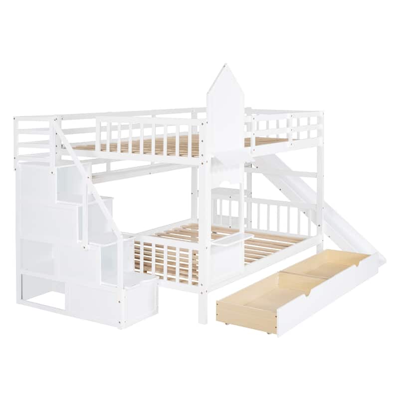 Bunk Bed with 2 Drawers 3 Shelves and Slide