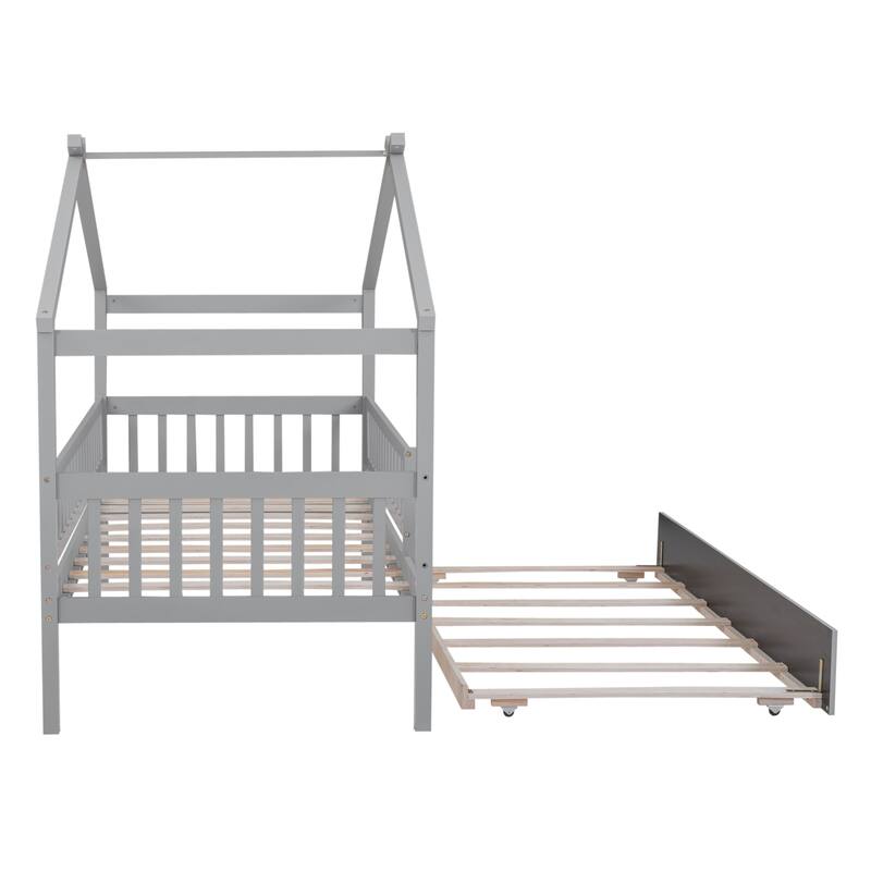 Twin Pine House Bed with Trundle, Guardrail & Roof