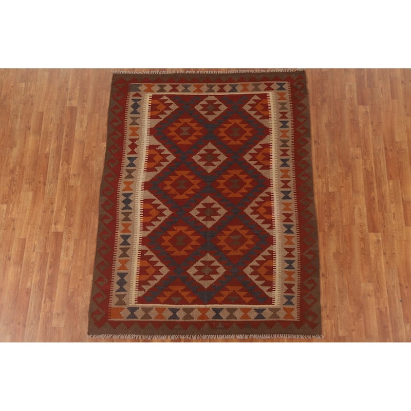 Reversible Kilim Area Rug Hand-woven Living Room Wool Carpet - 5'0" x 6'7"