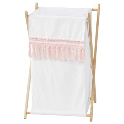 Boho Bohemian Laundry Hamper - Blush Pink White Farmhouse Shabby Chic Designer Modern Minimalist Tassel Fringe Macrame Cotton
