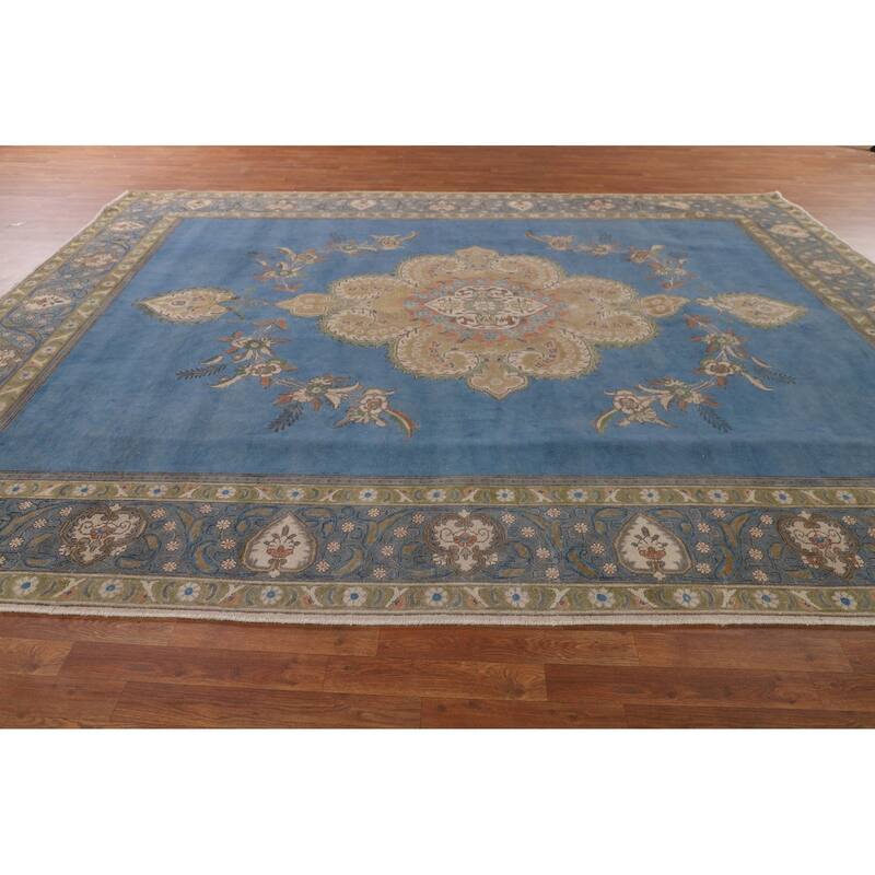 Over-Dyed Blue Tabriz Persian Vintage Rug Handmade Wool Carpet - 9'10"x 13'0"