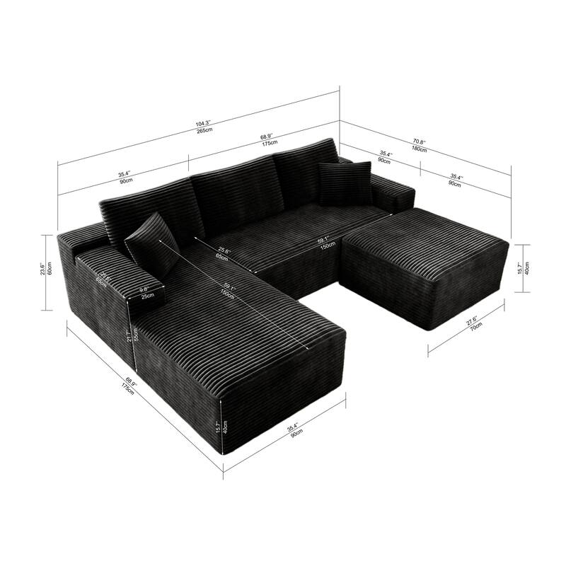Roomfitters 104.3" Modular Sectional Sofa, 3-Piece Compressed Cloud Couch, No Assembly Required, Plush Corduroy, Black