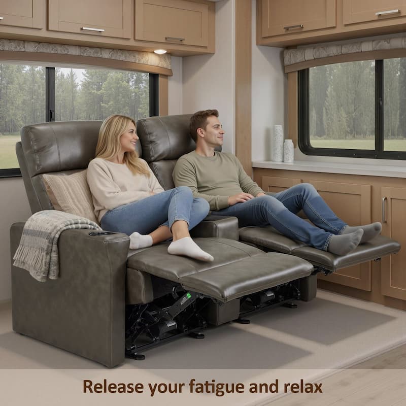 MCombo 62.6'' RV Recliner Loveseat Sofa with Console, Zero Wall Hugger Power Loveseat Recliner with USB Charge Ports, Outlet - Battleship