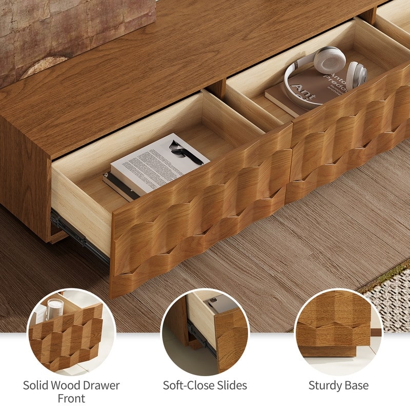 Mid Century Brown Wood TV Stands, Not Assembled Need, Media Console with 3-6 Drawers for Optional