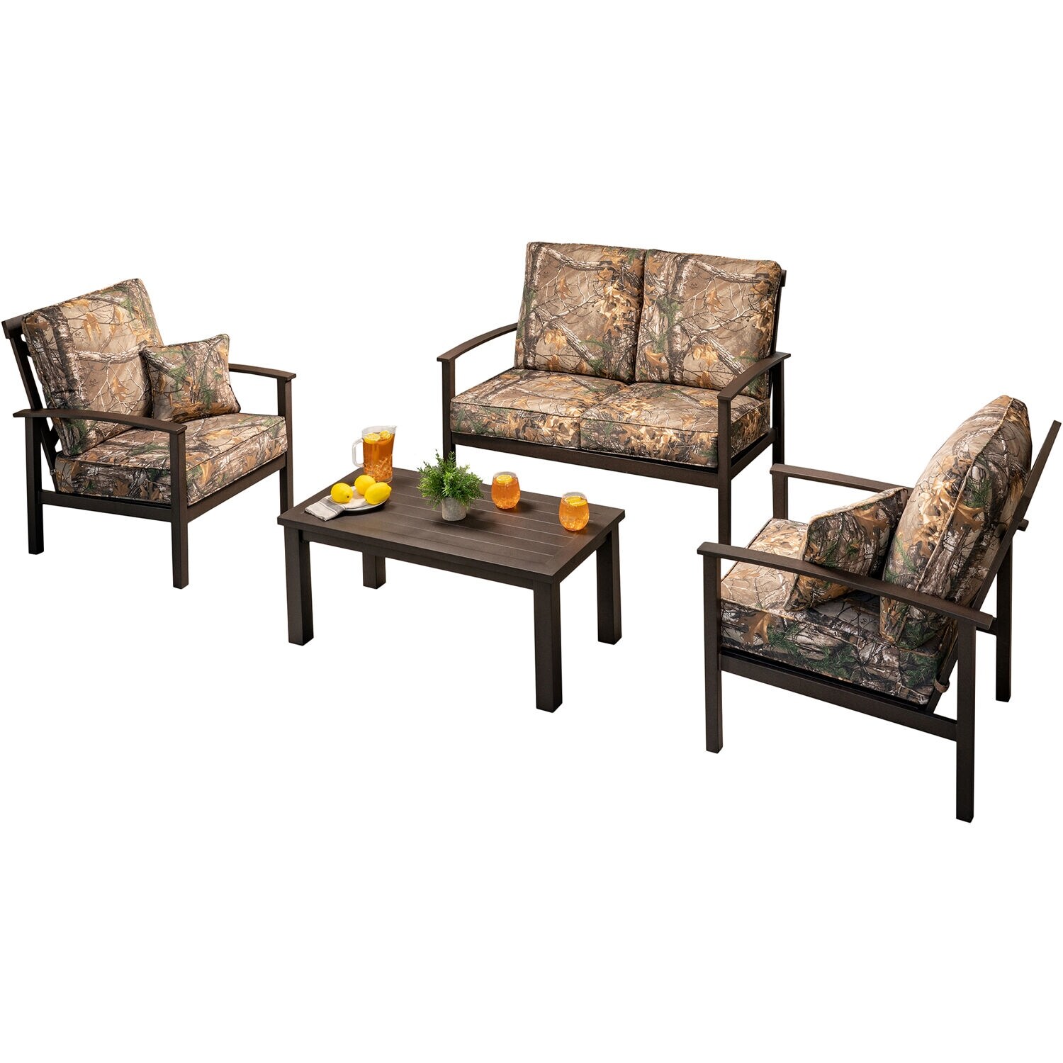 Hanover Cedar Ranch 4 Piece Outdoor Patio Furniture Set 2 Chairs Loveseat Coffee Table Thick Real Tree Printed Camo Cushions Overstock 32524060