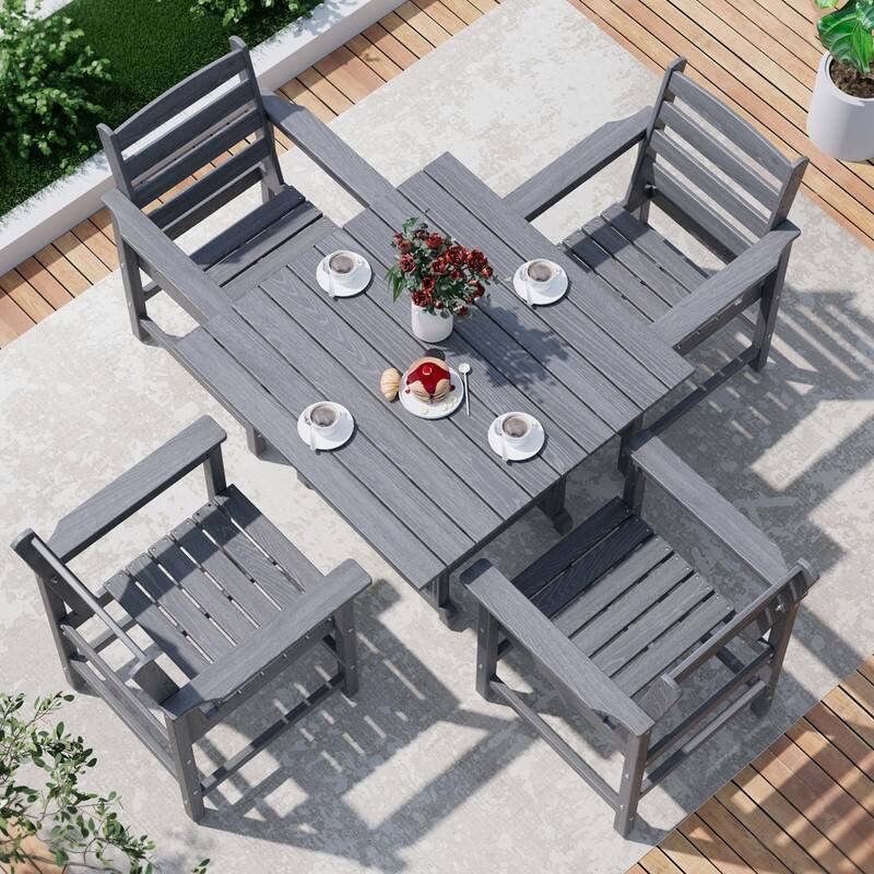 Gray 5/7-Piece HDPE Wood Grain Patio Outdoor Dining Set with Armrest & Umbrella Hole