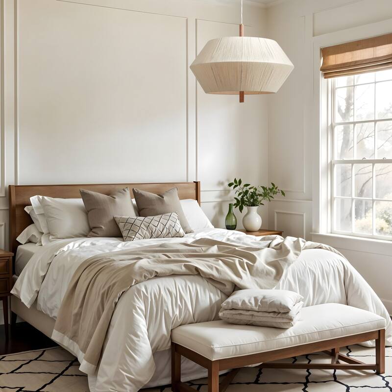 Nimbus Modern Pendant Light - Metal, Wood & Gold, Beige Geometric Light Fixture For Modern, Scandinavian, Minimalist Room Decor