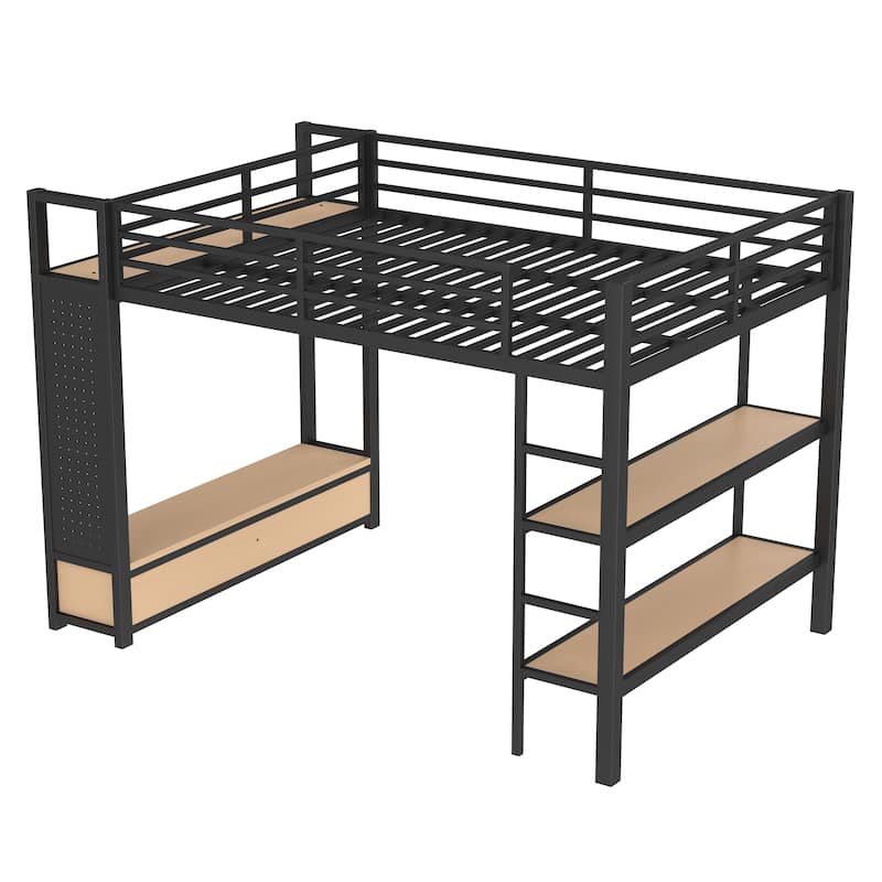 Metal Bed Frame Queen Size Loft Bed with Open Wardrobe, Hanging Rod, Storage Shelves, Pegboard and Bottom Drawers