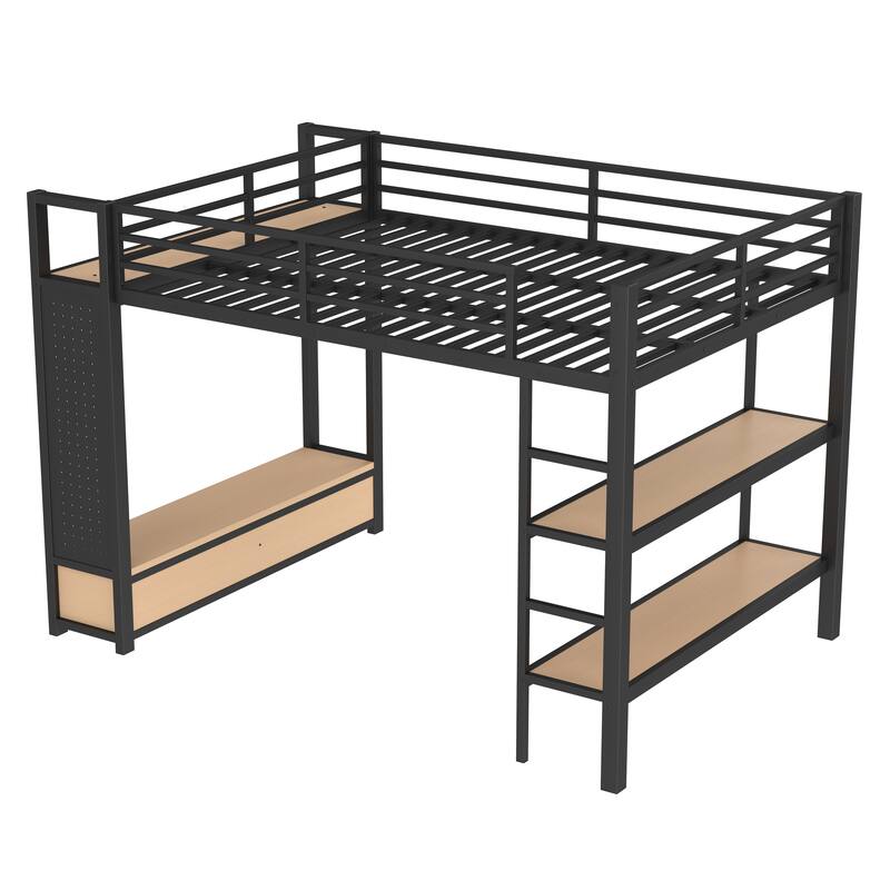 Roomfitters Full/Queen Size Metal Loft Bed Frame with Wardrobe, Storage Shelves & Pegboard, Space-Saving Functional Design