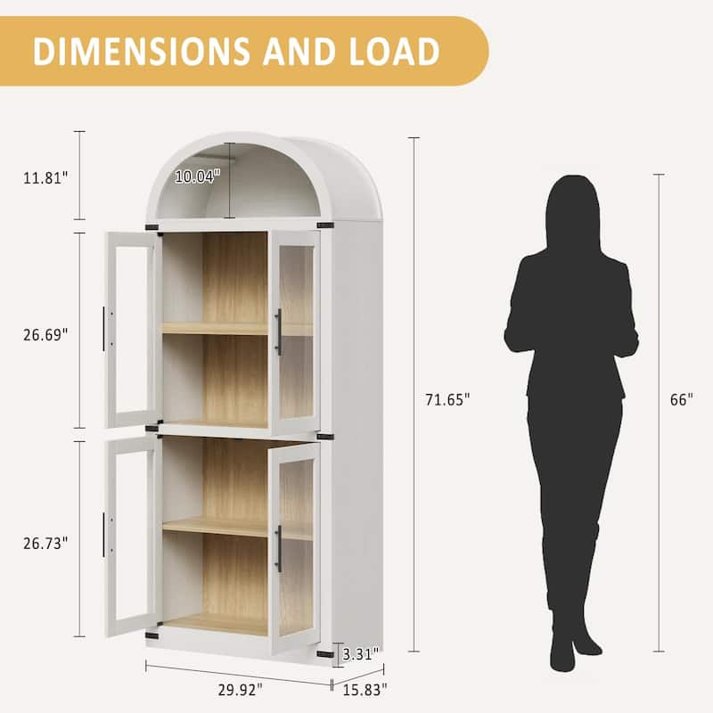 71" Tall Arched Bookshelf - Wooden Bookcase Storage Cabinet Rounded Display Storage Shelves Cabinet