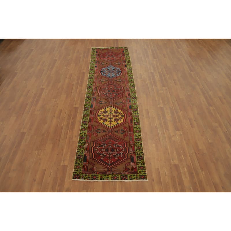 Hand Knotted Oriental 100% Wool Carpet Traditional Tribal Brown Ardebil Runner Rug - 10' 7'' X 2' 10''