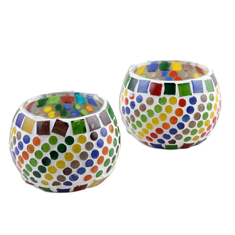 Novica Handmade Festive Rainbow Glass Mosaic Tealight Candleholders (Pair)