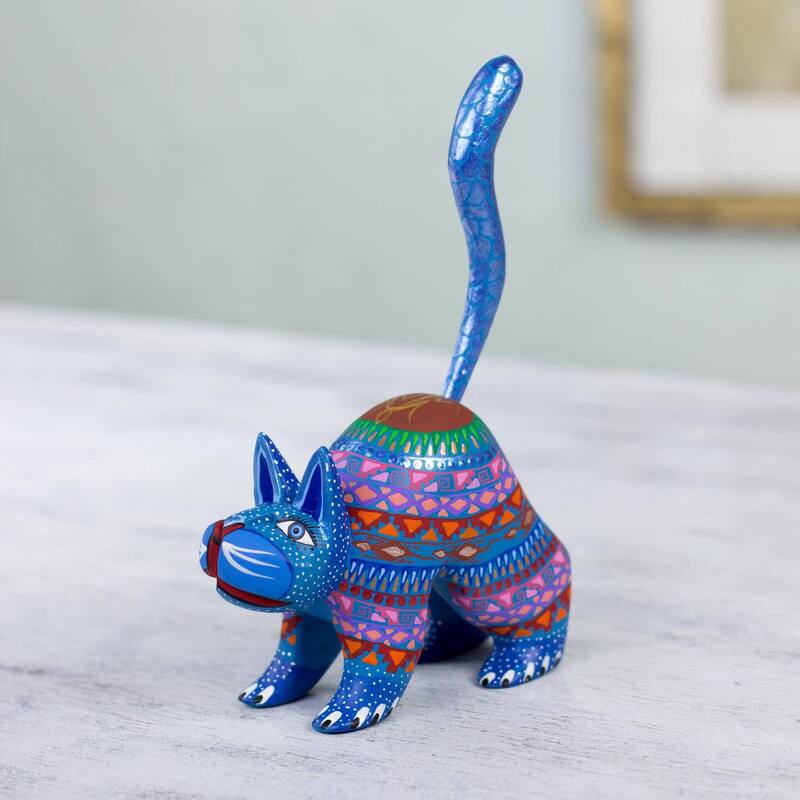 NOVICA Handmade Alebrije Sculpture, 'Blue Cat Greeting' (Mexico) - 0.2