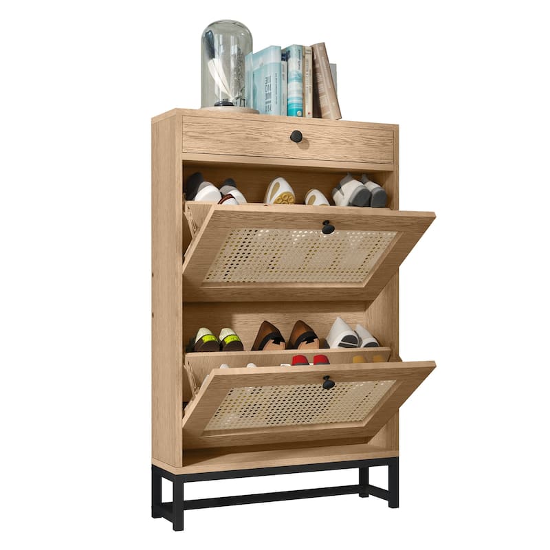 8 Pair Rattan Shoe Storage Cabinet 3 Drawers Shoe Rack - 23.6"L x 6.7"W x 38.2"H