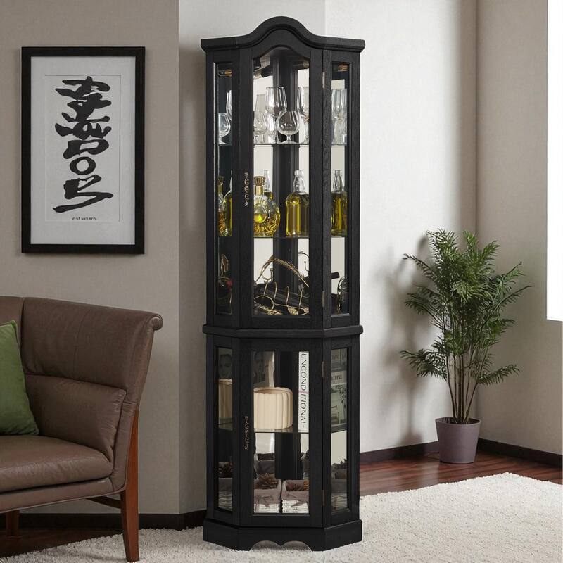 Lighted Corner Curio Cabinet with Tempered Glass Doors, Adjustable Shelves, Oak Finish Display Storage for Home Decor - Black