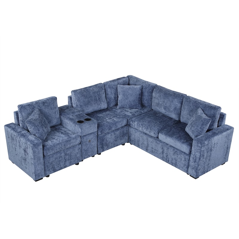 L-Shaped Modular Sectional Sofa with Pull-Out Bed, Chenille Convertible Sleeper Sofa Bed with Cup Holders & Multiple Storage