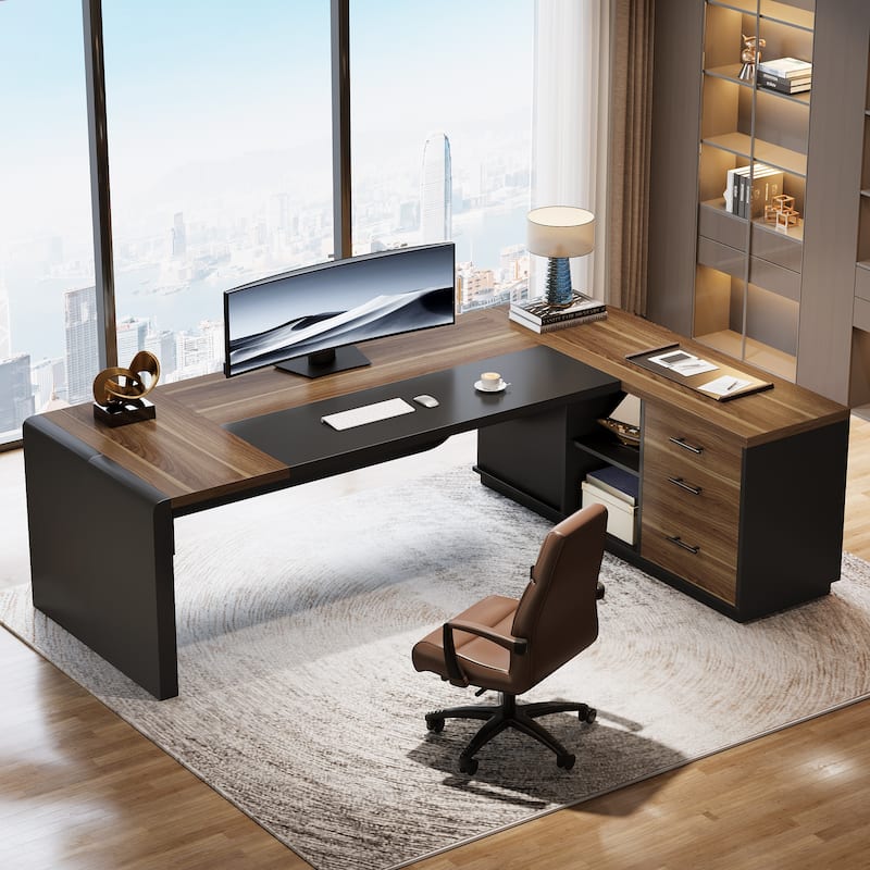 80'' Executive Desk, L-Shaped Office Table with 55'' Cabinet - Light Brown & Black