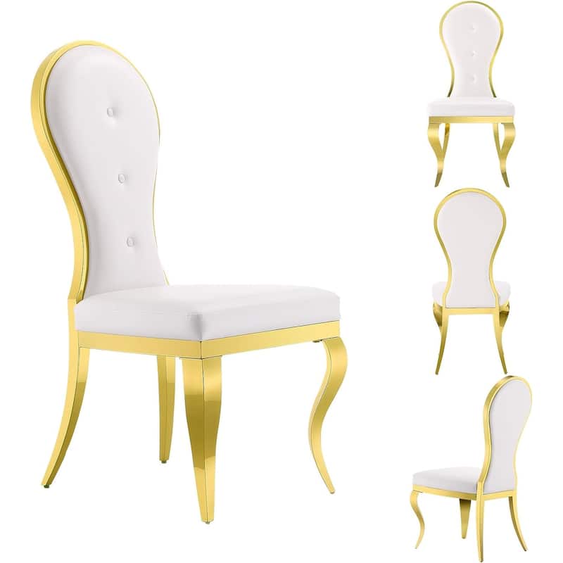 Modern Luxurious White Leather Dining Chairs with Polished Gold Stainless Steel Legs - Set of 4