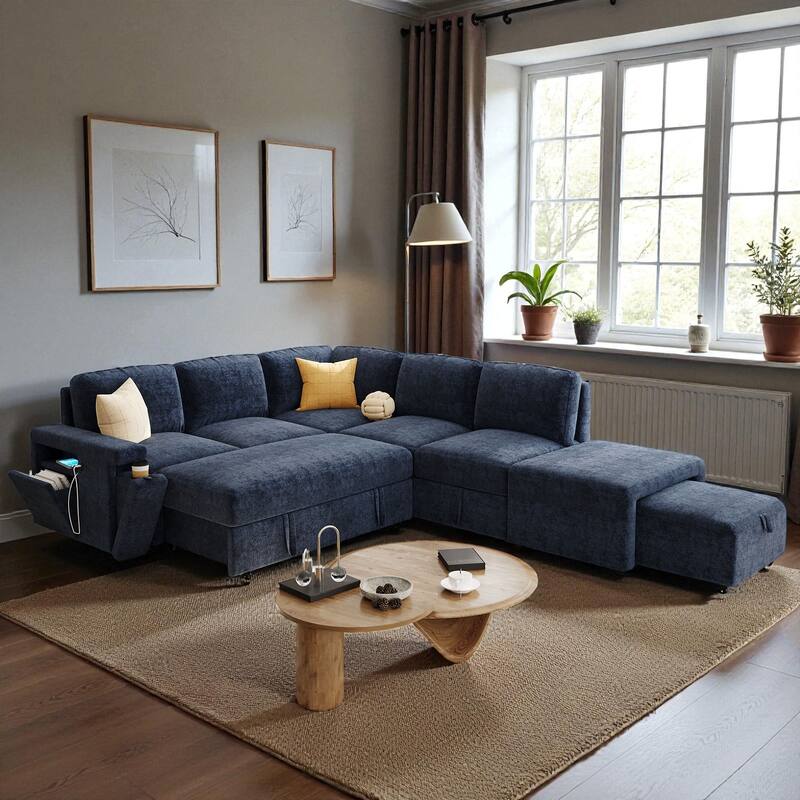 L-Shaped Modular Sofa with Storage Space USB Ports and Cup Holders Padded Sectional Couch for Living Room Office Apartment