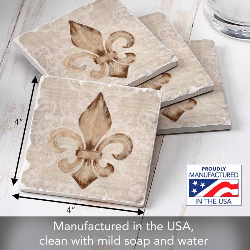 Deco Fleur 4-Pack Absorbent Stone Coasters with Protective Cork Backing 4" Square Made in The USA Easily Wipes Clean