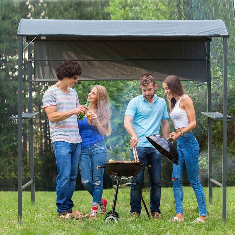 Outsunny 7 ft Outdoor Patio BBQ Grill Canopy Gazebo Tent with Side Awning, 2 Exterior Serving Shelves, & Storage 5 Hooks