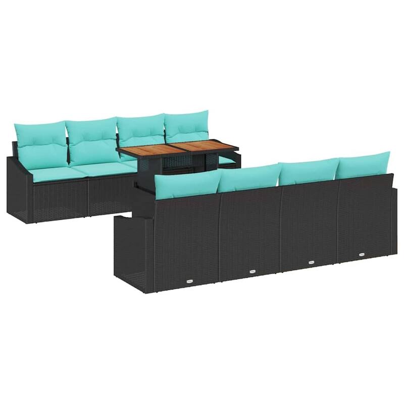 vidaXL 9 Garden Sofa Set with Cushions Black/Grey Poly Rattan - 91.7 x 24.4 x 27.2